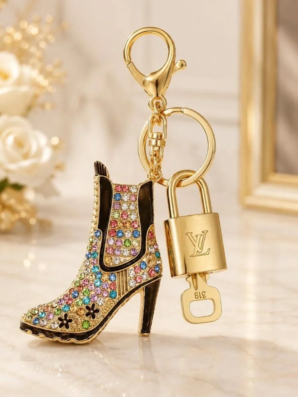 Authentic LV Gold Padlock & Key 🔑 Designer Bag Charm w/ Unbranded Shoe Keychain